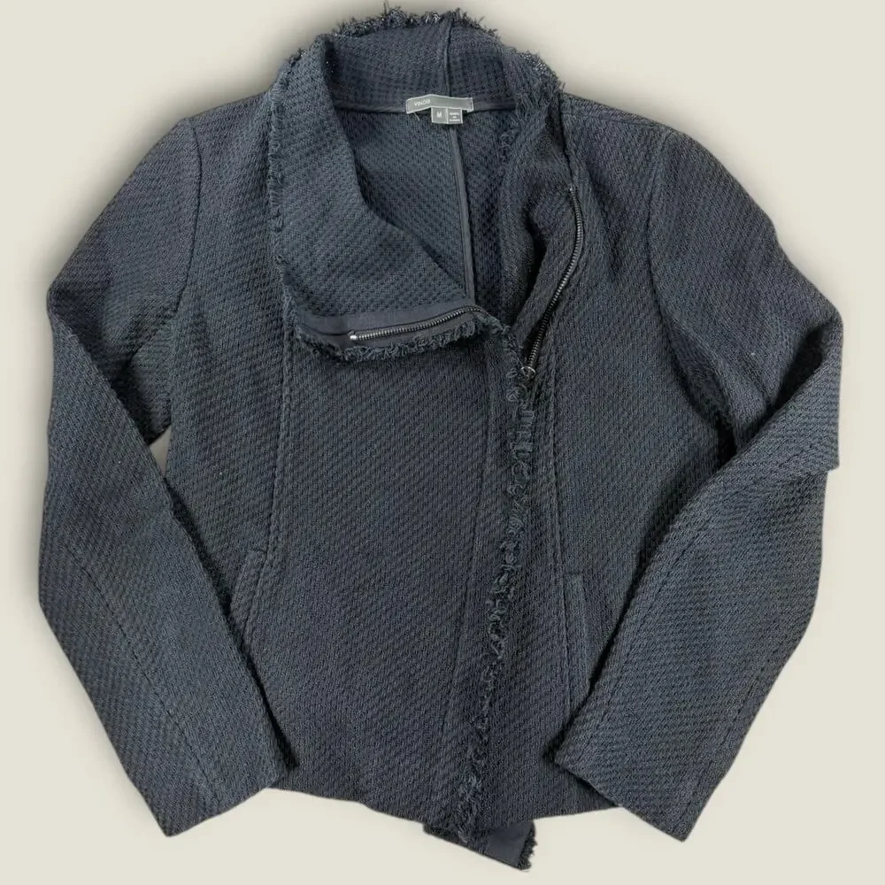 Vince Jacket‎ Medium Black Tweed Moto Asymmetrical Zip Fringe Cotton Blend M